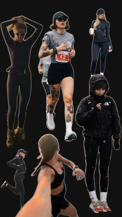 Black Running Outfit, Track Outfits Aesthetic, Runners Outfit Women, 5k Outfit Ideas Runners, Running Aesthetic Outfit, 5k Aesthetic, Running Outfit Winter, Trail Running Aesthetic, Fall Running Outfit