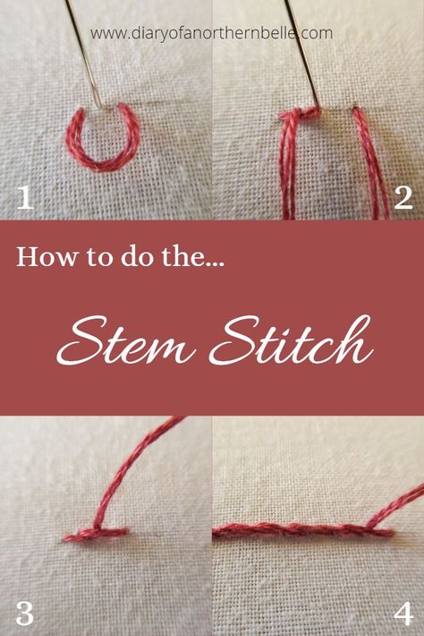 Learn how to embroider the stem stitch in a few easy steps! Embroidery Stem Stitch Tutorial, How To Stem Stitch Embroidery, Stem Stitch Embroidery Design, Stem Stitch Tutorial, Stem Stitch Embroidery, Easy Embroidery Stitches, Embroidery Stem Stitch, Quilt Stitches, Stem Stitch