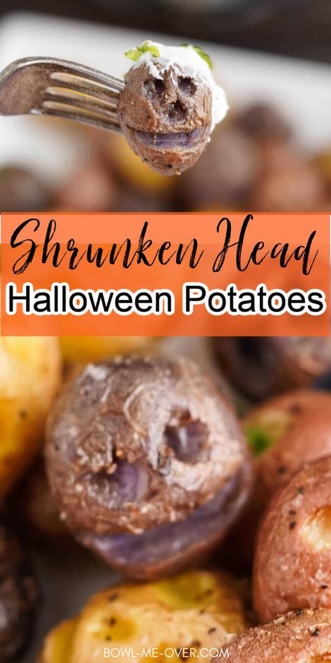 Halloween Potatoe Ideas, Halloween Green Beans, Halloween Dinner Side Dishes, Shrunken Head Potatoes, Halloween Sides Dishes Spooky, Halloween Potato Recipes, Spooky Potatoes, Halloween Potatoes, Halloween Side Dishes