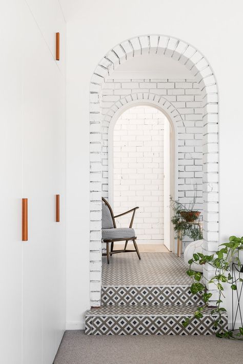 Coastal Bungalow, Dulux Natural White, Perry Homes, Grey Subway Tiles, Patterned Tiles, Brown Brick, 아파트 인테리어, Exposed Brick, Color Tile