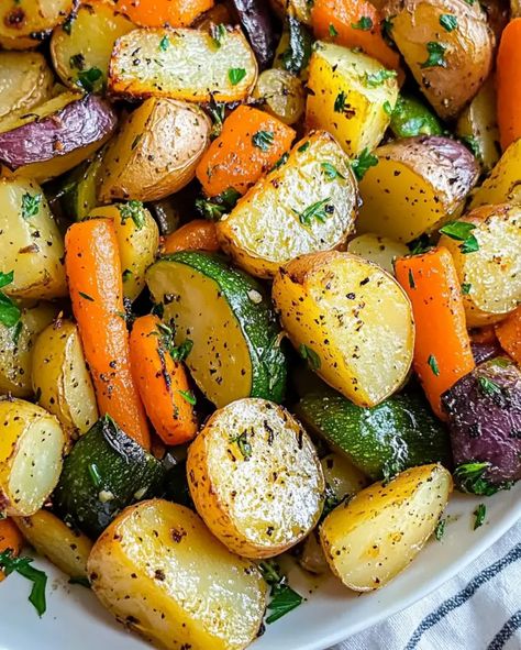 Roasted Potatoes, Carrots, and Zucchini Roasted Zucchini And Sweet Potatoes, Crockpot Roasted Vegetables, Carrot And Potato Recipes, Mixed Veggies Side Dish, Roasted Potatoes Carrots, Carrots And Zucchini, Roasted Potatoes And Carrots, Sauteed Potatoes, Veggie Recipe