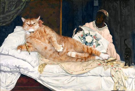 Russian Artist Inserts Her Fat Cat Into Iconic Paintings | Bored Panda Manet Olympia, Edouard Manet, Art Parody, Hur Man Målar, Art Cat, Old Paintings, Russian Artists, Ginger Cats, Arte Animal