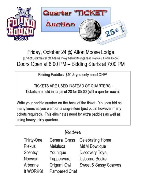 FOUND A HOUND Quarter Auction Fundraiser @ Alton Moose Lodge Godfrey IL, Friday October 24 2014 | Events RiverBender.com Quarter Auction, Moose Lodge, Diaper Wreath, Community Service Projects, Auction Fundraiser, Auction Ideas, Relay For Life, Vendor Events, Silent Auction