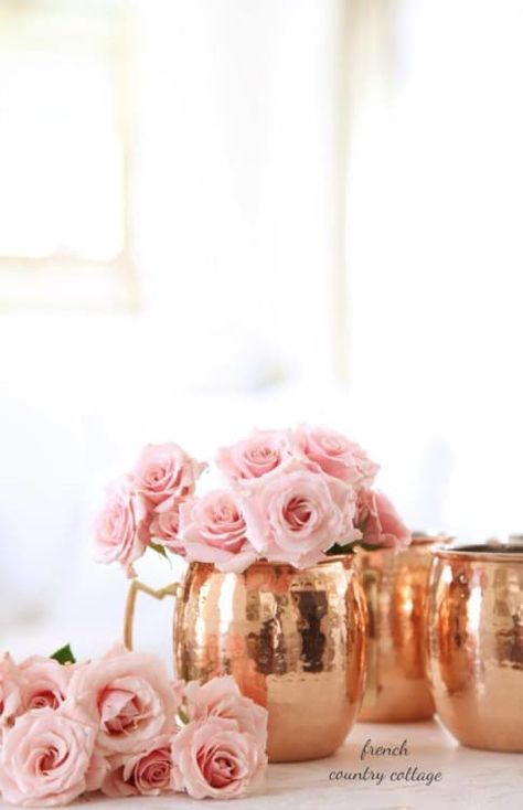 Best Interior Design Color Combos: Copper & Pink | Apartment Therapy Copper Mule Mugs, Outdoor Brunch, Copper And Pink, Copper Decor, Interior Design Color, Copper Mugs, Gold Bathroom, Copper Rose, French Country Cottage