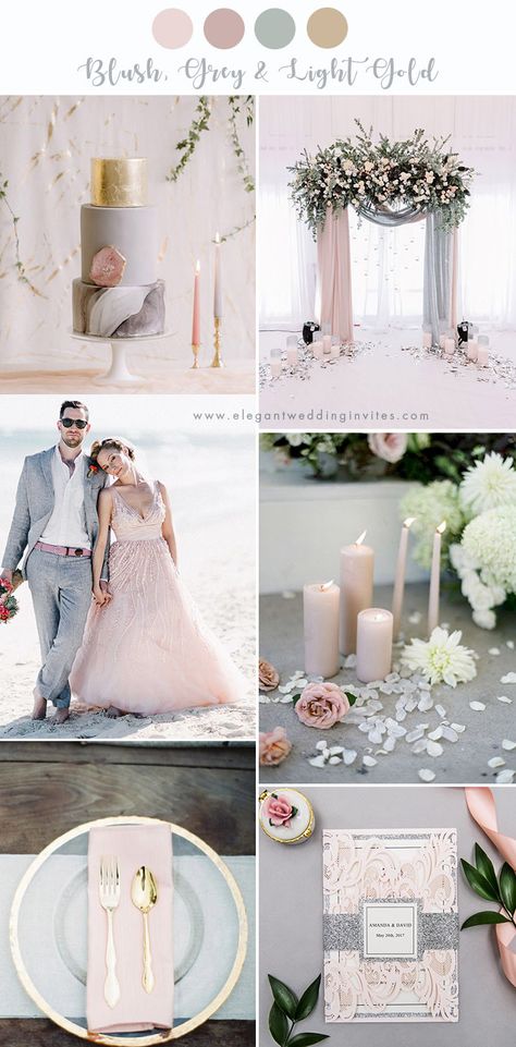 romantic blush, grey and light gold wedding party color ideas Blush And Grey Wedding, Pink Grey Wedding, Grey Wedding Theme, Blush Wedding Colors, Popular Wedding Colors, Pink Wedding Colors, Wedding Parties Colors, Crystal Wedding Dress, Blush And Grey