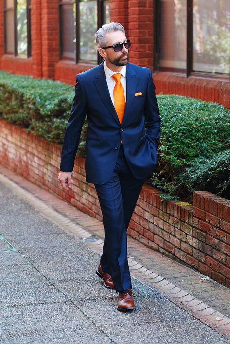 Blue Reiss Suit, Orange Tie and Matching Pocket Square | Silver Londoner - Over 40 Menswear Orange Tie Outfit Men, Fashion For Men Over 40, Mens Fashion Suits Formal, Shirt And Tie Combinations, Tie Outfit, Suit Combinations, Blue Suits, Blue Suit Men, Mens Fashion Work