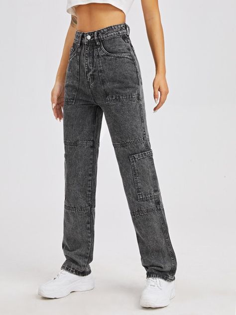 High Waisted Ripped Jeans Outfit, Grey Baggy Jeans, High Waisted Baggy Jeans, Hollister Clothes, High Waisted Ripped Jeans, Ripped Jeans Outfit, Grey Denim Jeans, Black Mom Jeans, Denim Cargo Pants