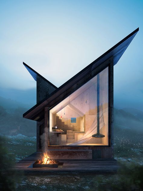 Prefabricated tiny architectural designs that prove this trend is the future of modern architecture! | Yanko Design Windows Fireplace, Architecture Cool, Mountain Backdrop, Plans Architecture, Misty Mountain, Duplex House Design, Minimalist House Design, Tiny Cabin, Duplex House