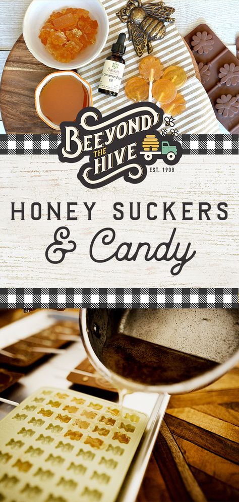 Cold or flu season? The best lollipop and loving the kids love while they are sick or anytime – honey suckers and honey candies.   Here is what you need: 1 Cup Sugar 2 Tablespoons Water 1/3 Cup Honey (Beeyond the Hive preferably!) Cinnamon Essential Oil (Or lemon would be great too) *Optional Sucker Sticks Candy or Sucker Molds *Optional Candy Thermometer Honey Stir Sticks Diy, Honey Suckers Recipe, How To Make Honey Suckers, Honey Lollipops Recipes, Honey Suckers Homemade, Honey Sticks Diy, Honey Candy Recipe Simple, Honey Lollipops Diy, Honey Hard Candy Recipe