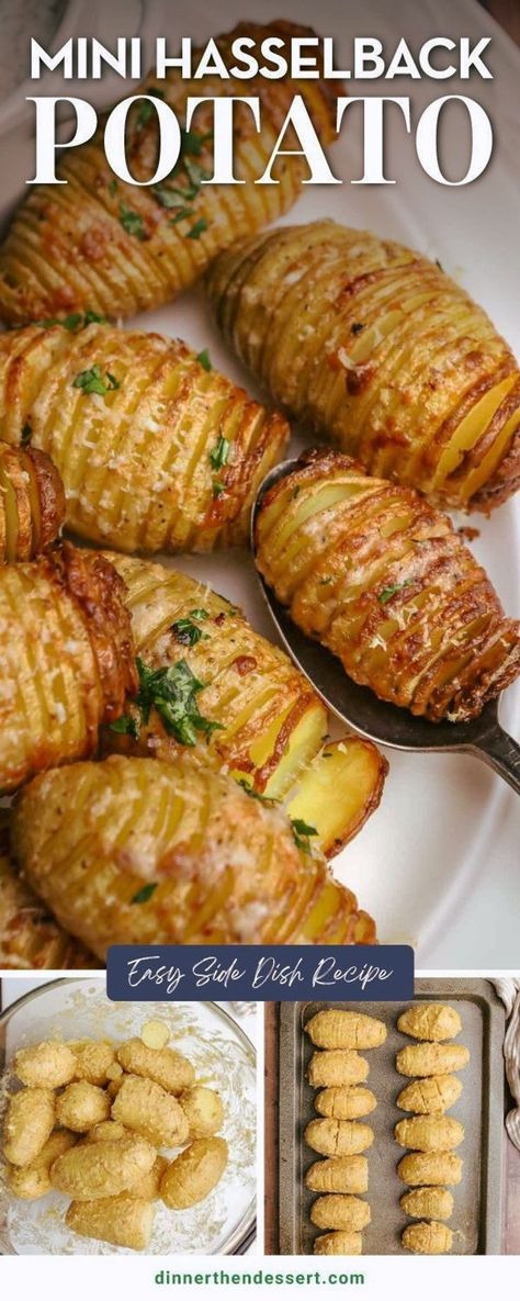 Mini Hasselback Potatoes are crisp, tender and buttery potatoes roasted with garlic and cheese. A perfect side dish for a busy weeknight! This simple delicious potato Side Dish is a cross between classic Baked Potatoes and Roasted Potatoes. Mini Hasselback Potatoes, Small Potatoes Recipe, Potato Side Dishes Easy, Buttery Potatoes, Potato Side Dish, Potatoes Roasted, Potatoes In Oven, Roasted Vegetables Oven, Pie Maker