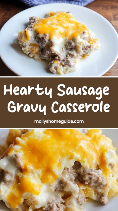 Indulge in the ultimate comfort food with this delicious sausage gravy casserole recipe. This hearty dish is the perfect choice for a cozy family breakfast or brunch. Made with layers of flaky biscuits, savory sausage, creamy gravy, and gooey cheese, this casserole will have everyone coming back for seconds. Whether you're hosting a weekend gathering or simply looking to treat yourself to a comforting meal, this sausage gravy casserole is sure to satisfy your cravings and warm your soul. What To Do With Leftover Gravy, Sausage And Biscuit Recipes, Biscuit And Gravy Breakfast Casserole, Breakfast Casserole With Country Gravy, Sausage Biscuit Casserole, Biscuit And Gravy Casserole, Biscuits And Gravy Breakfast Casserole, Sausage Gravy Casserole, Sausage Potato Casserole