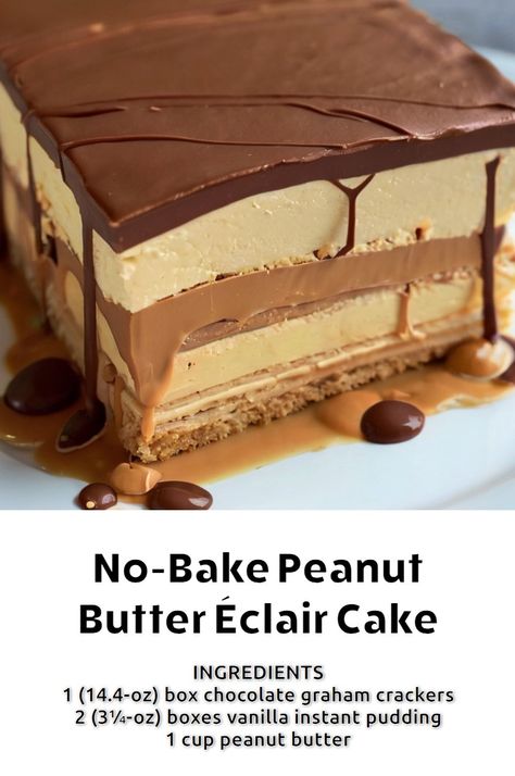 No-Bake Peanut Butter Éclair Cake – Page 2 – 99easyrecipes Peanut Butter Eclair Cake, Peanut Butter Eclair, Eclairs Dessert, Eclair Cake Recipes, Eclair Recipe, Cookie Deserts, Icebox Cake Recipes, Eclair Cake, Peanut Butter No Bake