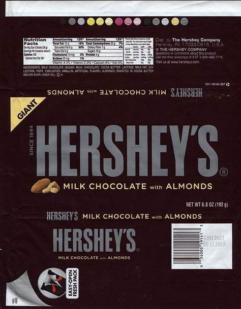 Milk chocolate with almonds, 192g, 11.2015, The Hershey Company, Hershey, USA Chocolate Template, Chocolate With Almonds, Grocery Store Items, Chocolate Wrapper, Chocolate Pack, Barbie Food, Chocolate Wrappers, Miniature Printables, Labels Printables Free