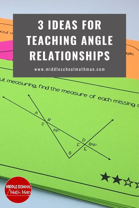 Using angle relationships to find the measure of missing angles is a fun concept for middle school when you try these 3 ideas for teaching these concepts. Help students learn to how to use complementary angles, supplementary angles, vertical angles, adjacents angles, and other angle relationships to find missing angles. Includes some free resources for 6th grade, 7th grade, and 8th grade math! Teach Angles, Complementary Angles, Supplementary Angles, Angle Relationships, Vertical Angles, Middle School Math Classroom, 8th Grade Math, Middle School Classroom, Middle School Math