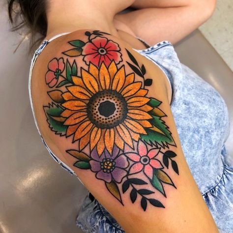 Sunflower Tattoo | Tattoo Ideas and Inspiration Neotraditional Tattoo Sunflower, Purple Sunflower Tattoo, Traditional Sunflower Tattoo, Tattoo Sunflower, Dragons Tattoo, Sunflower Tattoo Shoulder, Tattoos Mandala, Floral Tattoo Sleeve, Sunflower Tattoos