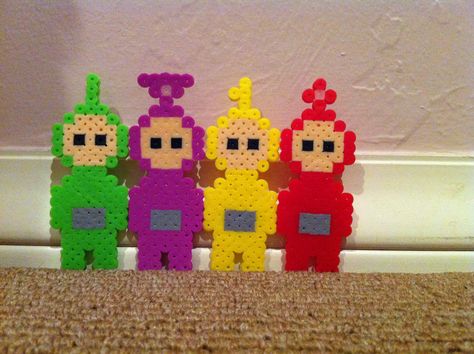 Teletubbies (From Left to Right: Dipsy, Tinky Winky, Laa-Laa, and Po) Perler Beads by Sophia S. Bead Keychain Patterns, Pixel Pokemon, Melty Bead Designs, Keychain Patterns, Melt Beads Patterns, Hamma Beads Ideas, Easy Perler Bead Patterns, Melty Bead Patterns, Pearl Beads Pattern