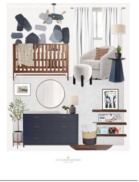 Nursery With Blue Crib, Nursery Walnut Crib, Nursery With Navy Accents, Navy Accent Nursery, Nursery With Dark Wood Crib, Navy Grey Nursery, Navy And Wood Nursery, Grey And Natural Wood Nursery, Dark Grey Crib Nursery