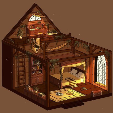 Harry Potter Dorm Room, Hogwarts Dorm Room, Hufflepuff Bedroom, Hufflepuff Room, Fantasy House Interior, Hogwarts Dorm, Hogwarts Bedroom, Hogwarts Visuals, Procreate Practice