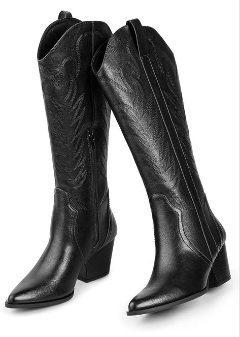 Black boots | cowgirl boots | heel boots | amazon shoes | shoe styles | tall boots | women’s shoes | Women’s boots | holiday wishlist Cowgirl Boots For Women, Boots For Women Black, Knee High Cowboy Boots, Black Cowgirl Boots, Cowboy Boots For Women, Classic Embroidery, Country Outfit, White Cowboy Boots, Black Cowgirl