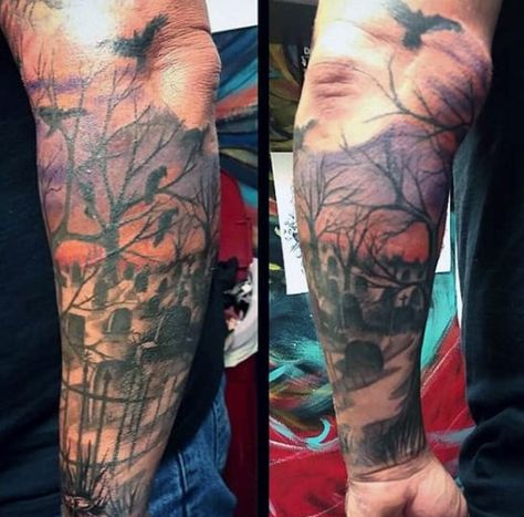 Graveyard Tattoos, Cara Delevingne Tattoo, Katy Perry Tattoos, Graveyard Tattoo, Tree Tattoo Forearm, Grave Yard, Rose Tattoos For Men, Tattoo Forearm, Halloween Graveyard