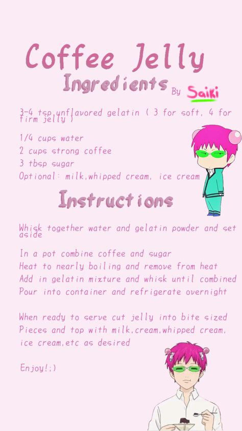 Coffee Jelly Saiki Recipe, Saiki K Coffee Jelly Recipe, How To Make Coffee Jelly, Saiki K Coffee Jelly, Coffee Jelly Recipe, Homemade Recipe Books, Iced Drinks Recipes, Coffee Jelly, Homemade Cookbook