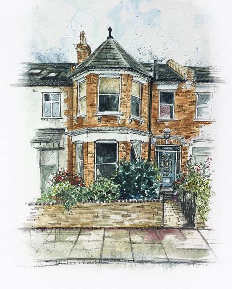 Gorgeous London terrace www.harrietsullivanillustration.co.uk Watercolor House Portrait, Watercolor Architecture, Birthday Treat, House Portrait, House Illustration, Perfect House, Building Art, 수채화 그림, House Portraits