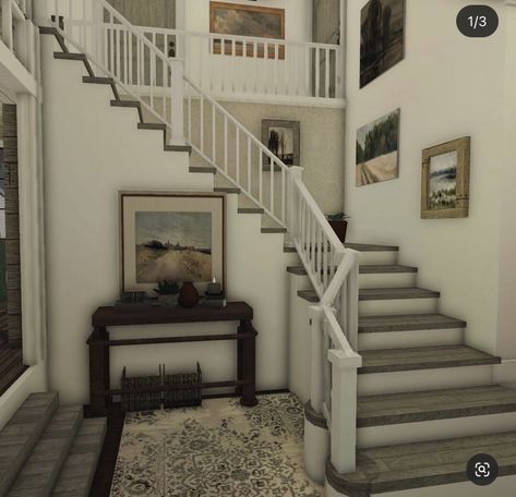 One Floor Houses Bloxburg, Bloxburg Small Home Exterior, Bloxburg House Ideas Exterior Cottage Core, Bloxburg Stair Case Ideas, Bloxburg House Ideas Stairs, Bloxburg Family Home Interior, Bloxburg House Inspo Realistic, Bloxburg House Stairs, Blocksburg Home Ideas