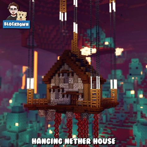 Minecraft Nether House Design, Hanging Nether Portal Minecraft, Minecraft Nether Shop Ideas, Hanging Cave House Minecraft, Minecraft Nether Themed Builds, Nether Shop Minecraft, Nether Paths Minecraft, Nether Wood House Minecraft, Netherrack Builds