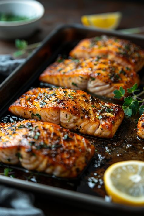 Grilled salmon fillets garnished with herbs and lemon slices on a baking tray. Airfry Salmon Filet, Airfry Salmon Recipes, Salmon Airfryer Recipe, Airfryer Salmon Recipes, Air Fryer Salmon Filet, Frozen Salmon In Air Fryer, Salmon From Frozen, Salmon Air Fryer Recipes, Airfryer Salmon