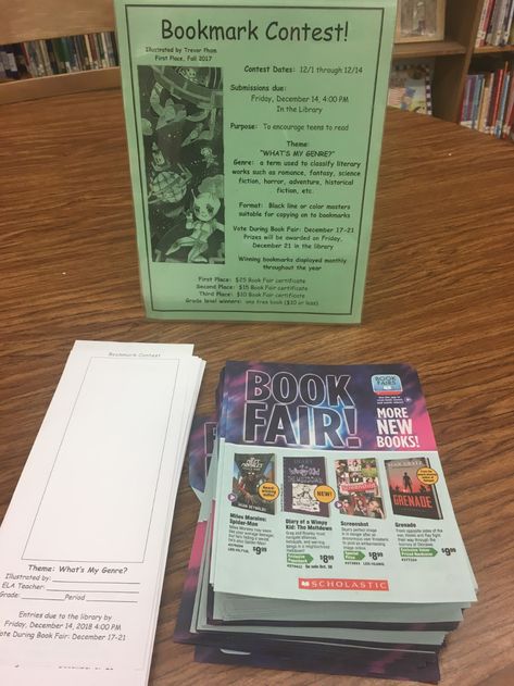 Scholastic Book Fair Ideas, Library Contests, Bookmark Contest, Library Bookmarks, Bookshop Café, Reading Week, Passive Programs, Morning Announcements, Library Games