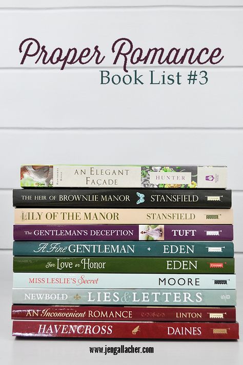 Proper Romance Book List #3 from www.jengallacher.com. A list of clean regency, romance books with links to each title. Regency Romance Novels, Regency Books, Clean Romance Books, Romance Audiobooks, Regency Romance Books, Historical Romance Novels, Historical Romance Books, Clean Book, Books Romance