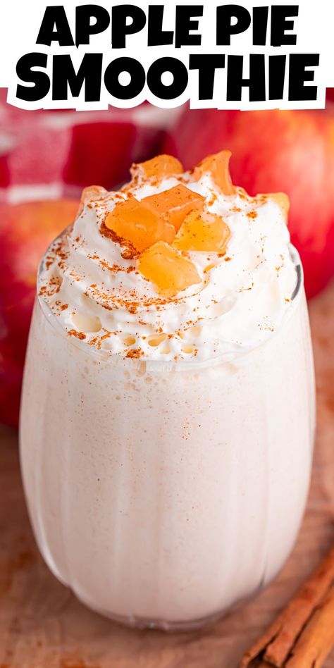 Angled view of apple pie smoothie in a glass. Apple Pie Smoothie Recipe, Apple Smoothie Recipes, Easy Fall Dinners, No Bake Cherry Cheesecake, Apple Pie Smoothie, Apple Smoothie, Fall Appetizers, Yummy Desserts Easy, Yummy Fall Recipes