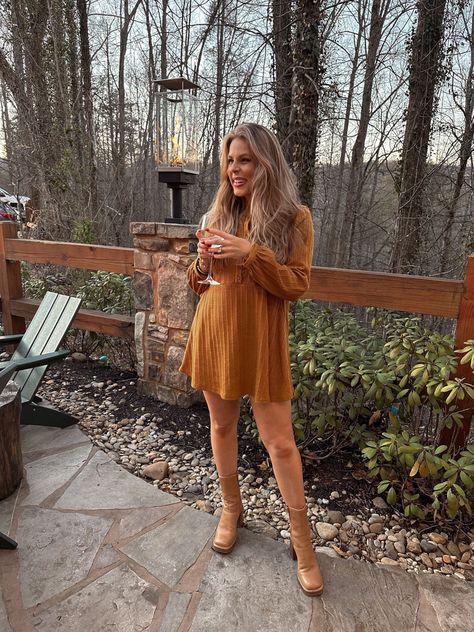 Date night | gatlinburg | smoky mountains | long sleeve mustard dress | steve madden | steve madden boots | boutique dress Mustard Boots Outfit, Mustard Long Sleeve Dress For Brunch, Mustard Knee High Boots, Mustard Thigh High Boots, Mustard V-neck Mini Dress For Day Out, Mustard Seeater Dress, 270 Nike, Puff Vest, Oversized Puffer