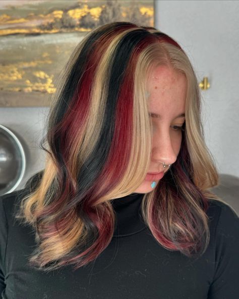 Another chunky calico hair design! 🤭❤️🖤🤍 . . . . 📍located in West Jordan Utah ✂️ @kellieandcompanysalon . #Kellieandcompany #kellieandcompanysalon #westjordanutah . #cosmetology #cosmetologist #utahstylists #utahhairstylist #slcstylist #slchairstylist #hairstyles #hairstylist #hairtransformation #vivid #vividhair #vividhaircolor #creativecolor #creativehair #creativehaircolor #platniumblonde #blondeandbrownhair #whiteblonde #blondehighlights #chunkyhighlightsareback #chunkyhighlights #ca... Chunky Calico Hair, Calico Hair, West Jordan Utah, Tie Dye Hair, Chunky Highlights, Vivid Hair Color, Creative Hair Color, Dye Hair, Bleach Tie Dye