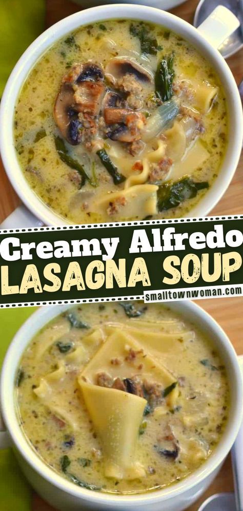 6 reviews · 30 minutes · Serves 4 · The greatest in the comfort food category! This recipe is easy to whip up when you are craving something warm and scrumptious. Full of sausage, mushrooms, and spinach, this Creamy Alfredo Lasagna Soup… More Quick Lasagna Soup, Alfredo Lasagna Soup, White Chicken Lasagna Soup, Chicken Lasagna Soup, Easy Lasagna Soup, White Chicken Lasagna, Soup Lovers, Alfredo Lasagna, Roast Beef Sandwich