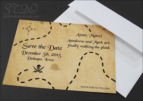 pirate map save the date card Pirate Wedding Invitations, Pirate Wedding Dress, Caribbean Wedding Theme, Pirate Wedding Theme, Pirates Theme, Pirate Map, Pirate Stuff, Pirate Wedding, Pirate Cake