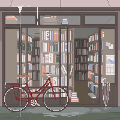 Old Bookstore, Pixel Kawaii, Rain Animation, Book Gif, Pixel Art Background, Vaporwave Art, Pixel Animation, Sheep Art, Arte 8 Bits