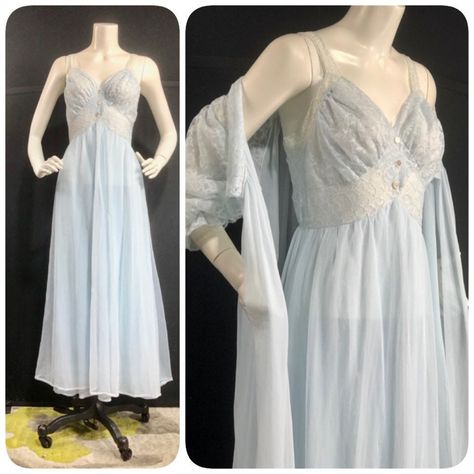 Vintage Blue Wedding Nightgown, Blue Vintage Cotton Nightgown, Vintage Blue Sheer Sleepwear, Vintage Light Blue Sleepwear With Lace Trim, Vintage Peignoir Sets, 1950s Vintage Fashion, Peignoir Sets, Vintage Nightgown, Dress Closet