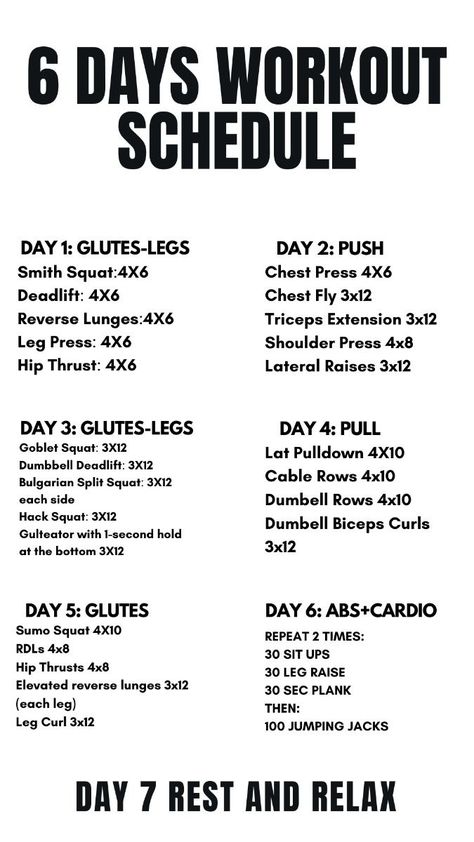 Women's 6-Day Workout Schedule #workoutplan #fitnessgoals #workoutroutine #fullbodyworkout #exerciseplan #weeklyworkout. https://www.theworldaccordingtome.org/healthy-food-and-drink-recipes/1859787_weekly-gym-workout-plan-for-women-get-strong-and-feel-great/?exs42 6 Day Workout Plan Gym, Outdoor Workout Ideas, Workout Days Schedule Women, Muscle Group Workout Schedule, Workout Split Schedule, Gym Workout Schedule For Women, Strength Training Schedule For Women, Muscle Building Workouts For Women, Gym Schedule For Women