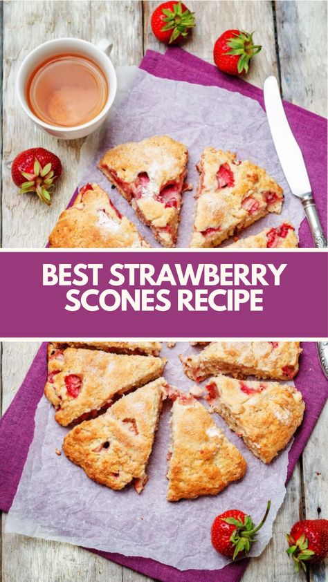 Best Strawberry Scones Recipe is made with fresh strawberries, butter, and a touch of sugar, creating tender and flaky scones this recipe serves 8 and takes about 30 minutes to prepare, making it perfect for breakfast or afternoon tea. Savoury Strawberry Recipes, Breakfast Recipes With Strawberries, Healthy Scones Recipe, Strawberry Breakfast Recipes, Savory Strawberry Recipes, Strawberry Scones Recipe, Strawberry Scone, Flaky Scones, Healthy Scones