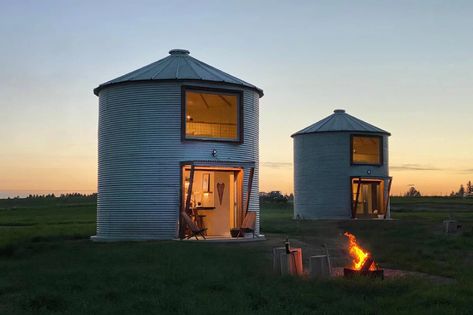 Grain Bin House, Silo House, Grain Silo, Mid Century Furnishings, Flathead Lake, Farm Stay, Exposed Beams, Tiny Living, Modern Rustic