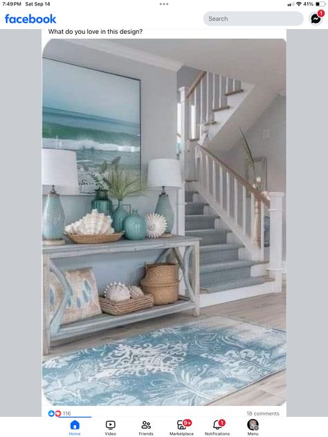 Ocean Theme Living Room, Beach House Entrance, Hamptons Entryway, Entrance Aesthetic, Beach Theme House, Boho Entryway Ideas, Boho Entrance, Coastal Entryway Ideas, Modern Coastal Living Room Ideas