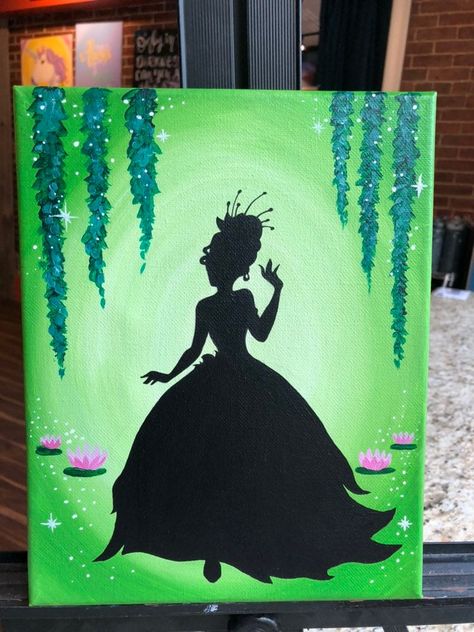 Letters Painting Ideas, Princess And The Frog Painting Canvas Easy, Princess Tiana Canvas Painting, Tiana Painting, Princess And The Frog Painting, Brave Painting, Paw Patrol Shoes, Canva Idea, Tiana Disney