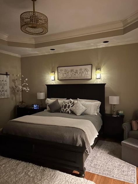 Dark Brown Bed Frame Room Ideas, Bed Color Scheme, Bed Cubby, Dark Gray Bed, Brown Bed Frame, Art Over Bed, Bedrooms For Couples, Making The Bed, Cozy Bedrooms