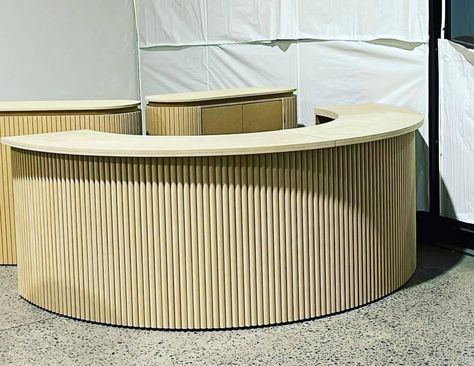 Half Circle Bar Table, Circle Bar Table, Half Circle Reception Desk, Half Circle Desk, Rounded Reception Desk, Salon Front Desk Ideas, Fluted Reception Desk, Circle Reception Desk, Dinner Table Modern