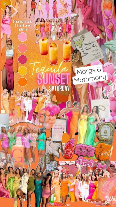 Vibrant Color Bachelorette, Margs And Matrimony Color Palette, Bright Hens Party Theme, Bright Color Bachelorette Party, Summer Sunset Party, Cancun Bachelorette, Mixology Party, Glamping Bachelorette Party, Tequila Sunset