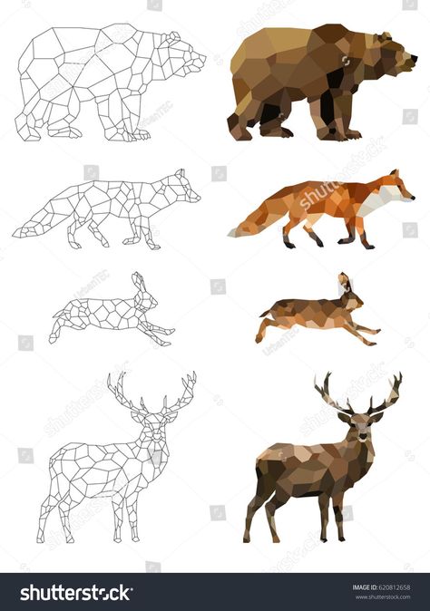 Low poly vector animals set: (bear, fox, hare, deer) on a transparent background. Abstract polygonal geometric illustration. Set of outline animals. Set of polygonal animals icons, logo. #Ad , #AFFILIATE, #hare#fox#transparent#deer Bear Geometric Design, Low Poly Design, Low Poly Illustration, Geometric Animals Drawing, Polygon Art Animal, Polygonal Animals, Outline Animals, Fox Outline, Polygon Animal