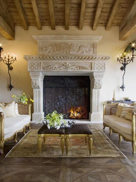 Mediterranean Living Room with Versailles Parquet Oak Floor, French stone fireplace mantel, Wall sconce, High ceiling Modern French Decor, Beautiful Fireplaces, Mediterranean Living Rooms, Design Camino, Mediterranean Living Room, French Vintage Decor, French Country Living, Cottage Shabby Chic, French Living