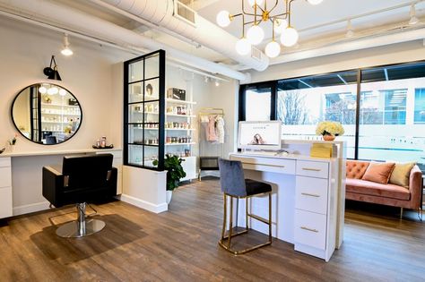 Best Flooring For Hair Salon, Open Concept Hair Salon, Salon Station Lighting Ideas, Single Chair Salon Layout, Backbar Shelving Salon, Booth Rent Salon Decor, 1000 Sq Ft Salon Layout, Hairdresser Salon Design Interior, Salon Suite Decor Studios Luxury