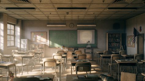 Dark Classroom Aesthetic, Creepy Classroom, Industrial Classroom, Abandoned Classroom, Classroom Lighting, Classroom Reference, Old Classroom, School Environment, Technical Artist